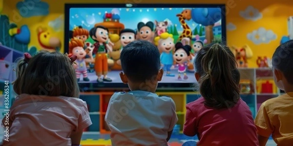 Fototapeta Joyful Kindergarten Kids Watching Cartoons on TV in a Colorful Classroom Setting. Happy Children Enjoying Animated Characters Together in a Playful and Bright Environment with Soft Lighting and a Wide