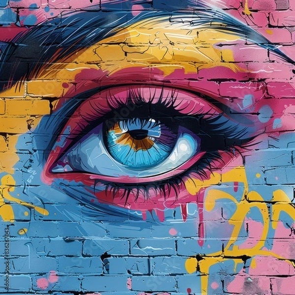 Fototapeta A colorful eye is painted on brick wall