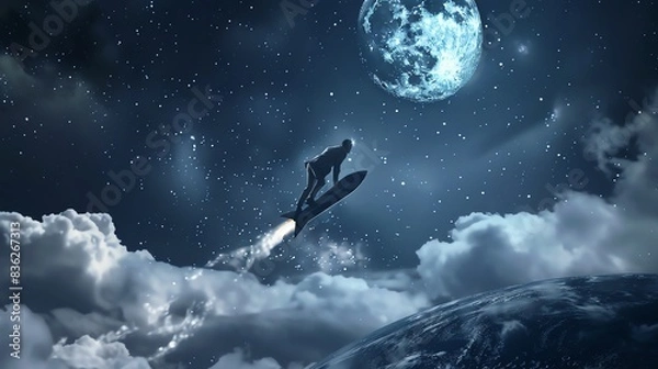 Fototapeta A businessman joyfully riding a rocket towards the moon, with a trail of smoke behind and the Earth visible in the distance.