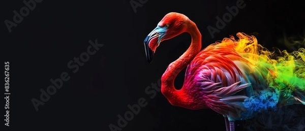 Fototapeta Flamingo covered in rainbow fire apron, Elegant flamingo silhouetted in the black, a symbol of LGBTQIA grace