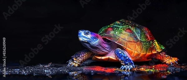 Obraz Rainbow Snapping Turtle covered in rainbow fire apron, Colorful rainbow snapping turtle in the darkness, symbolizing LGBTQIA resilience