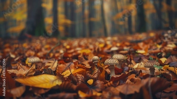 Obraz Mushrooms growing in a bed of fallen autumn leaves in a forest.