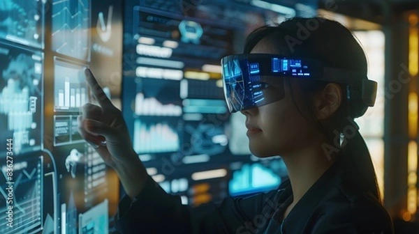 Fototapeta Advanced AR glasses on a person in a cutting-edge office, surrounded by floating data