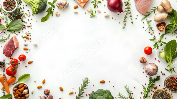 Fototapeta a top view of various superfoods including meat, fish, legumes, nuts, seeds, greens, and vegetables on a white background.