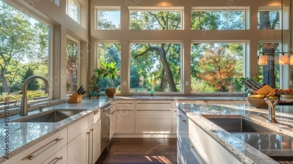 Fototapeta A kitchen with a large garden window above the sink, providing a beautiful view and plenty of light