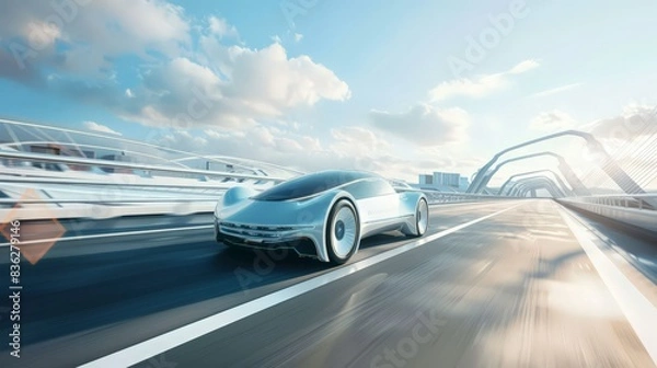 Fototapeta A streamlined future car cruising down an open highway, with a focus on sustainability and efficiency.
