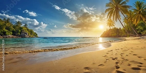 Fototapeta Paradise beach with summer palm trees and golden sand, wide background