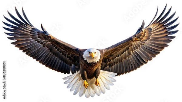 Fototapeta  A spread-wing bald eagle soars in the sky. Isolated on white background. AI GENERATED