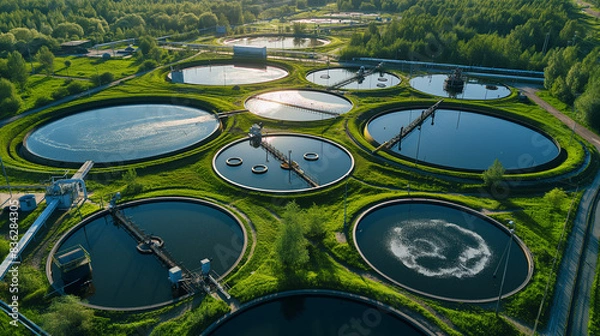 Fototapeta Aerial view of wastewater treatment plant, effluent and wastewater filtration. Industrial solutions for wastewater treatment and recycling