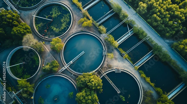 Fototapeta Aerial view of wastewater treatment plant, effluent and wastewater filtration. Industrial solutions for wastewater treatment and recycling