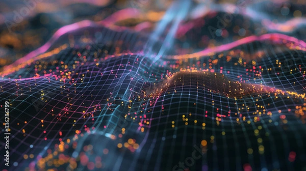 Obraz Abstract golden digital particle waves and dynamic light background with many glowing points and lines. Big data. Network of particles connected by lines, 3D rendering.
