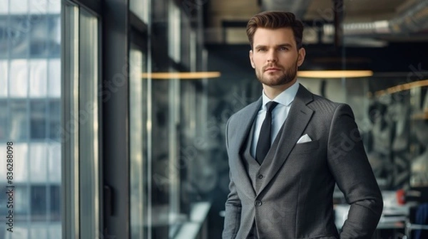 Fototapeta Stylish man in a suit, posing in a modern office, dressed in a well-tailored suit