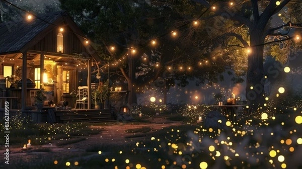 Fototapeta The soft glow of fireflies adds a touch of magic to a cozy backyard gathering under the night sky