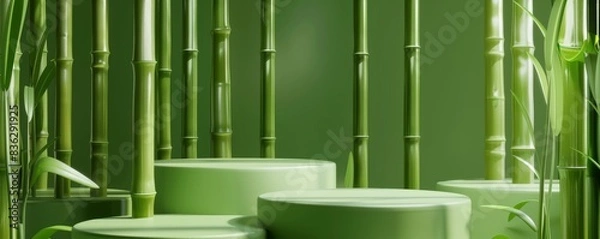 Fototapeta Green bamboo background with round and square platforms for product display