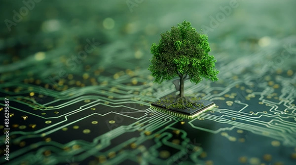 Obraz Trees grow with innovative microcircuit boards green computer Green technology. 3D illustration of a computer chip over a code background with leaves and binary code.
