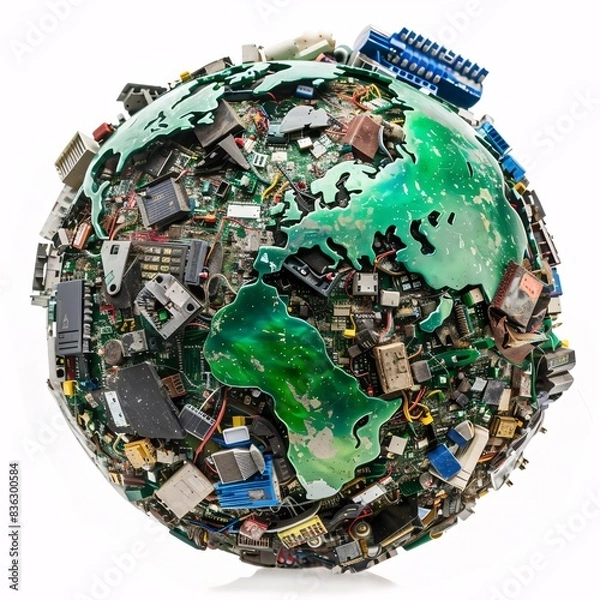 Obraz A photo of a globe buried under heaps of electronic waste, isolated on a white background for clear png image