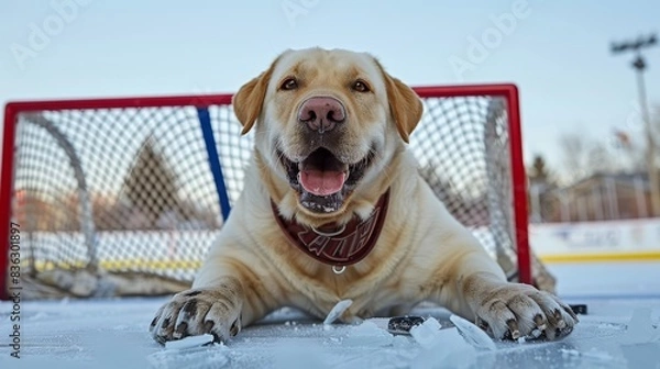 Fototapeta A golden retriever lies on the ice in front of a hockey net. The dog is wearing a red collar and has its mouth open and is smiling.