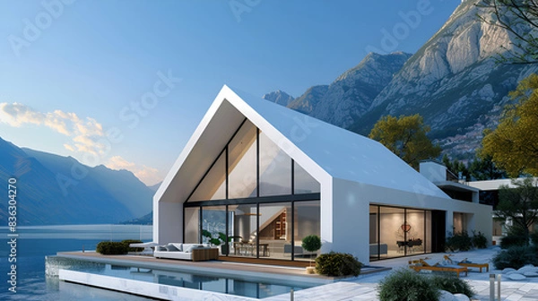 Obraz Modern concrete house and glass house design on a mountain lake ,3d rendering of modern cozy house with pool and parking for sale or rent in luxurious style