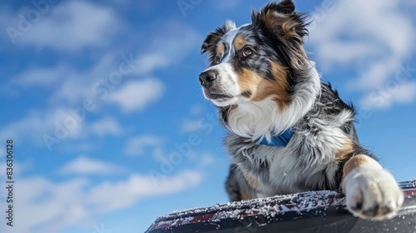 Fototapeta A loyal companion for outdoor adventures. The Australian Shepherd is a breed of herding dog from the United States.