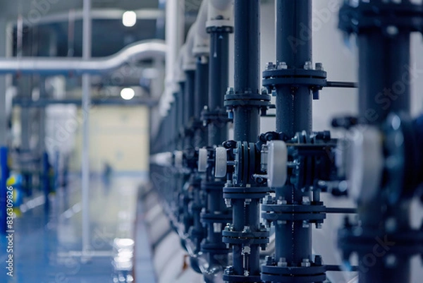 Fototapeta Technologically advanced water purification plant, with intricate piping and monitoring systems in action