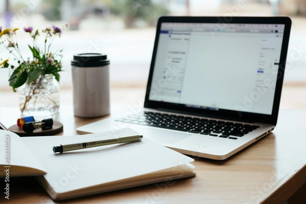 Fototapeta Home Office Workspace with Laptop, Notebook, and Coffee Mug