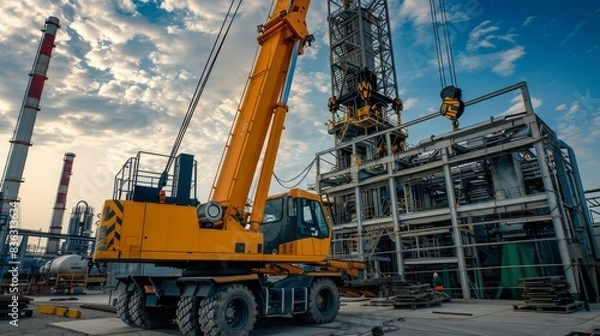 Obraz A large yellow crawler crane is lifting a heavy load at a construction site