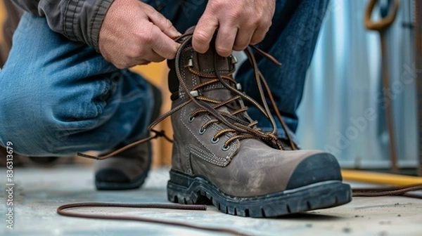 Obraz A man kneeling and tying his work boots.