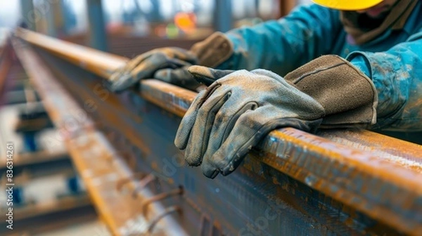 Obraz Construction worker wearing protective gloves and hardhat working on a building project.