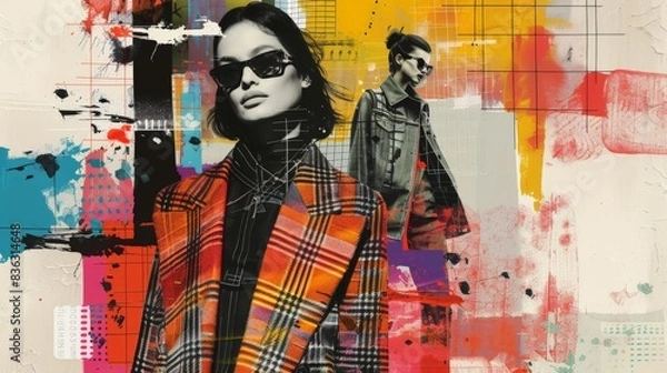 Obraz Retro futuristic poster with 80s and 90s high fashion aesthetic. Grunge noise Creative Mixed media collage. Stylish vintage backdrop, grunge graphic design style.