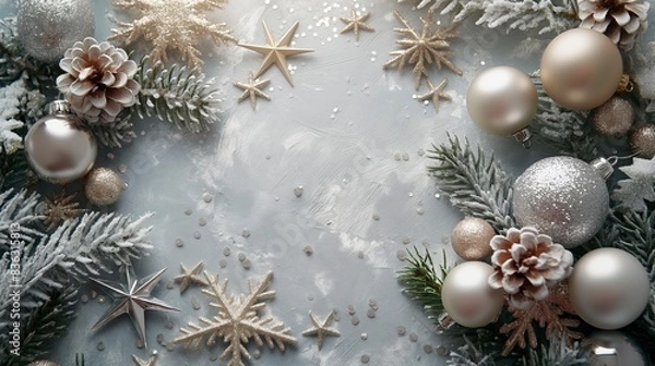 Obraz Silver Christmas background with many ornaments including snowflakes and pine cones