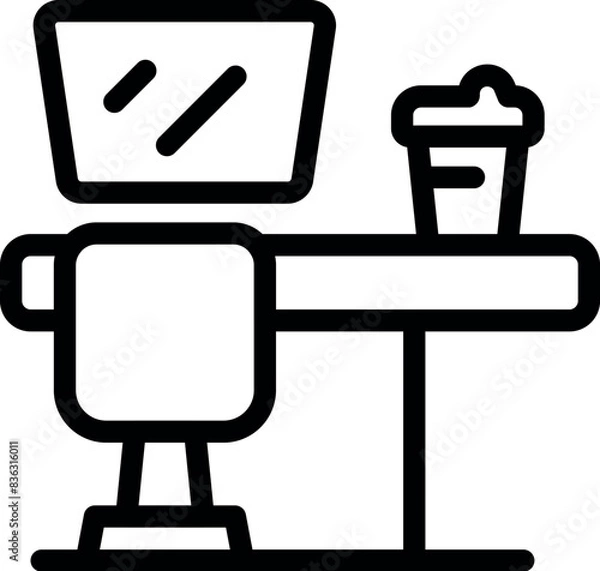 Fototapeta Line art icon showing a desk with a computer monitor and a coffee cup, representing a home office setup