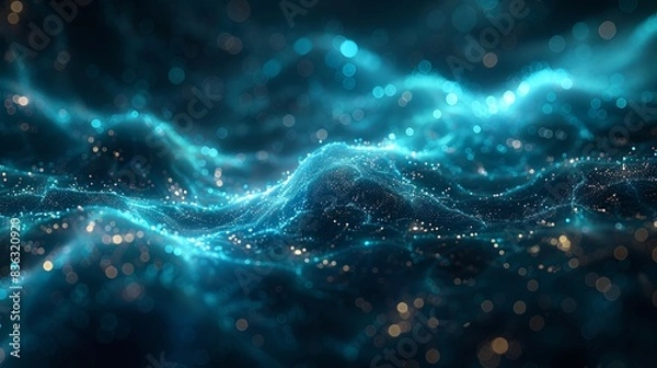 Fototapeta A blue wave with a lot of sparkles in it. The sparkles are gold and they are scattered all over the wave