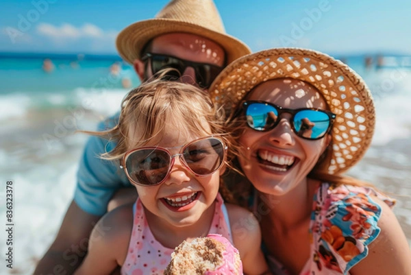 Obraz Happy family on the beach eating ice cream in summer