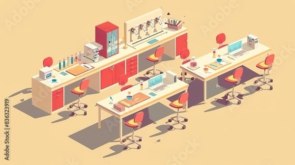 Fototapeta Flat illustration of a science lab with a stethoscope, pipettes, and lab benches, symbolizing scientific research, with space for text