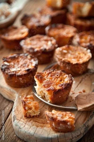 Fototapeta Delicious Pineapple Coconut Muffins on Rustic Wooden Cutting Board