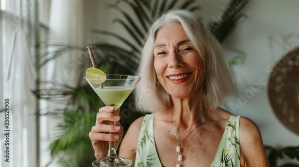 Fototapeta Senior Woman Enjoying a Refreshing Green Matcha Mint Cocktail at a Stylish Bar. Generative ai