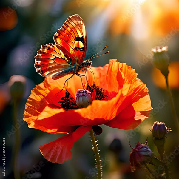 Obraz Butterfly sitting on a poppy