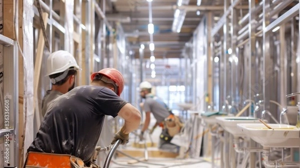 Fototapeta Plumbers expertly install pipes and fixtures in restrooms of a large commercial building under construction.