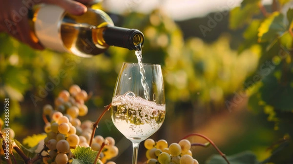 Fototapeta A fresh chilled glass of ice wine overlooking a vineyard during a Summer sunset