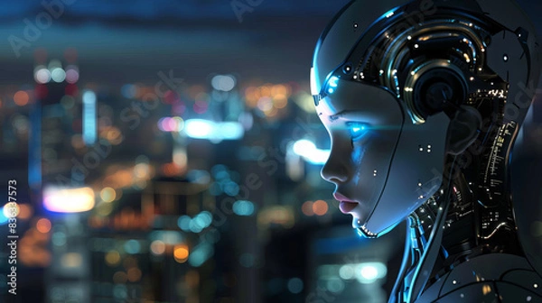 Fototapeta Stylish cyber supportBeautiful girl in headset. 3d render of Futuristic worker. artificial intelligence concept.