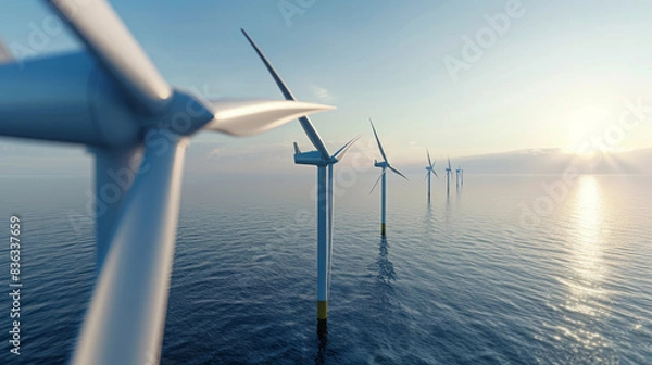 Fototapeta Windmill park in the ocean, drone aerial view of windmill turbines generating green energy electric, windmills isolated at sea in the Netherlands. High quality 4k footage