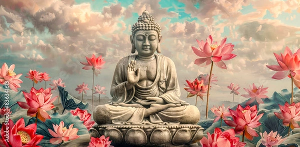 Fototapeta Serene Buddha Statue Amidst Blooming Lotus Flowers: A Tranquil Scene Capturing Spiritual Harmony, Peaceful Reflection, and Natural Beauty in a Mystical Water Garden Wallpaper Digital Art Poster 
