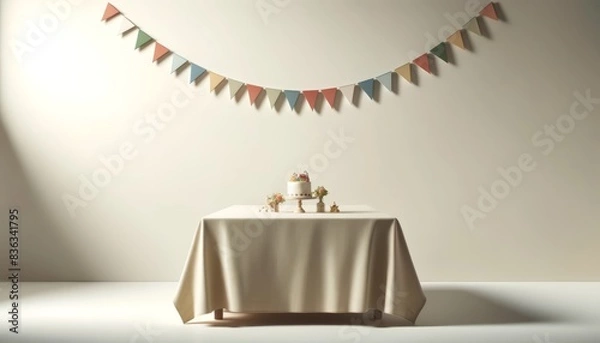 Fototapeta Birthday Table Decor with Bunting and Cake