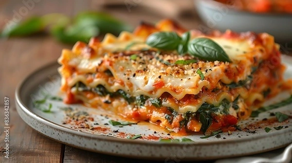 Fototapeta A plate of lasagna with layers of pasta, spinach, ricotta, and tomato sauce, topped with melted mozzarella and garnished with basil leaves.