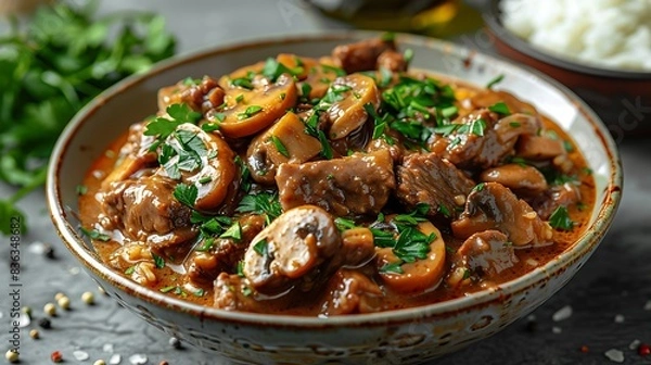 Fototapeta An elegant serving of beef stroganoff, featuring sautéed beef strips in a creamy mushroom sauce, accompanied by steamed rice.