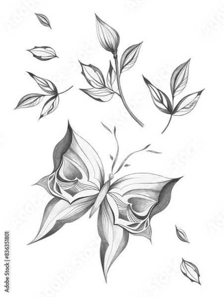 Fototapeta Beautiful illustration with pencil drawn gothic butterflies and flowers with a mysterious mood on a white background