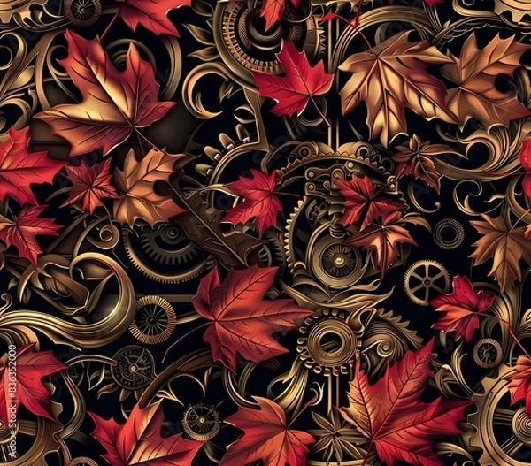 Obraz Autumnal Clockwork Tapestry Cascading Leaves Adorn Ornate Brass Mechanisms in Moody Chiaroscuro