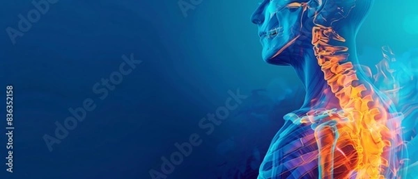 Obraz Bluethemed banner with shoulder AP xray, joint pain illustration, medical diagnostics