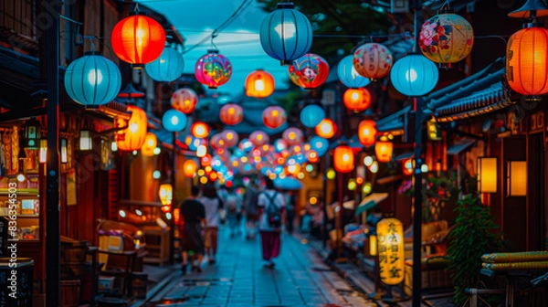 Obraz Vibrant Obon Festival Street. vibrant festival street during Obon with colorful lanterns hanging overhead, people in traditional yukata enjoying festivities, stalls offering traditional foods.