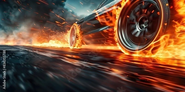 Fototapeta A car is driving down a road with flames coming from its wheels. Concept of speed and excitement, as if the car is racing through a fiery obstacle course. The flames add a dramatic